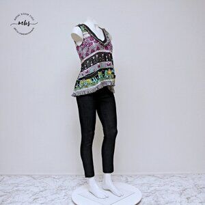 Nanette Lenore Floral Abstract Metallic Accent Fringe Hem V Neck Sleeveless Top